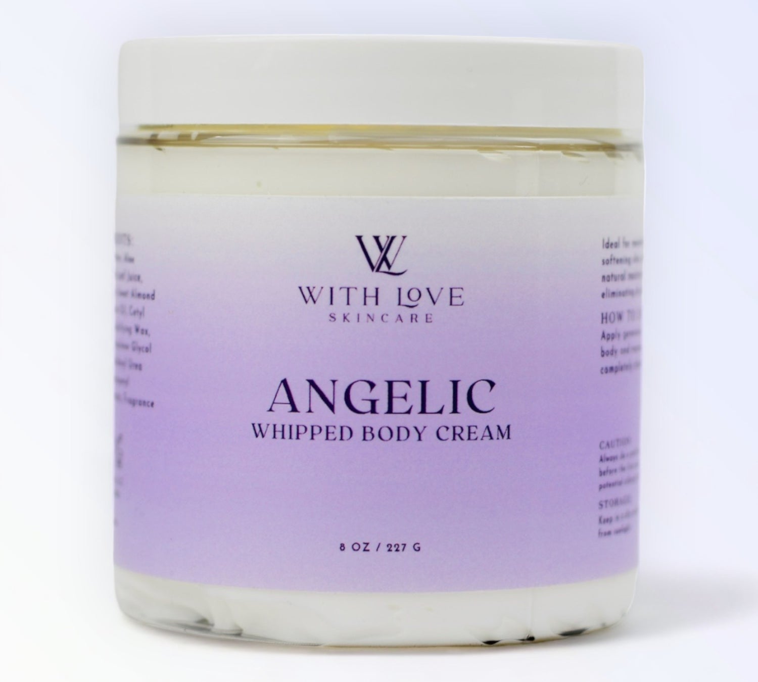 Angelic Whipped Body Cream, part of your essential skin care routine, with shea butter and aloe vera for moisturizing and softening dry skin.