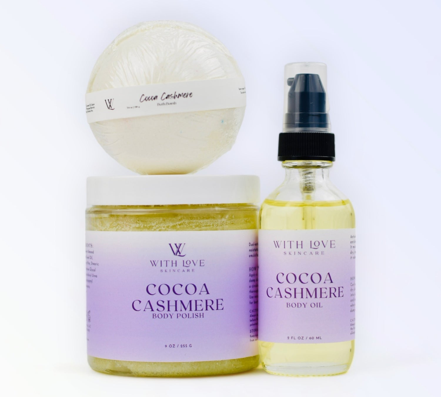 Essential Skin Care Cocoa Cashmere Set: body polisher, organic bath bomb, and natural body oil for nourishing night-time hydration.