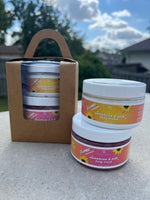 Sunshine & Silk Frizz Fest Limited Edition gift box with lavish body cream and exfoliating body scrub, perfect for essential skincare routines.