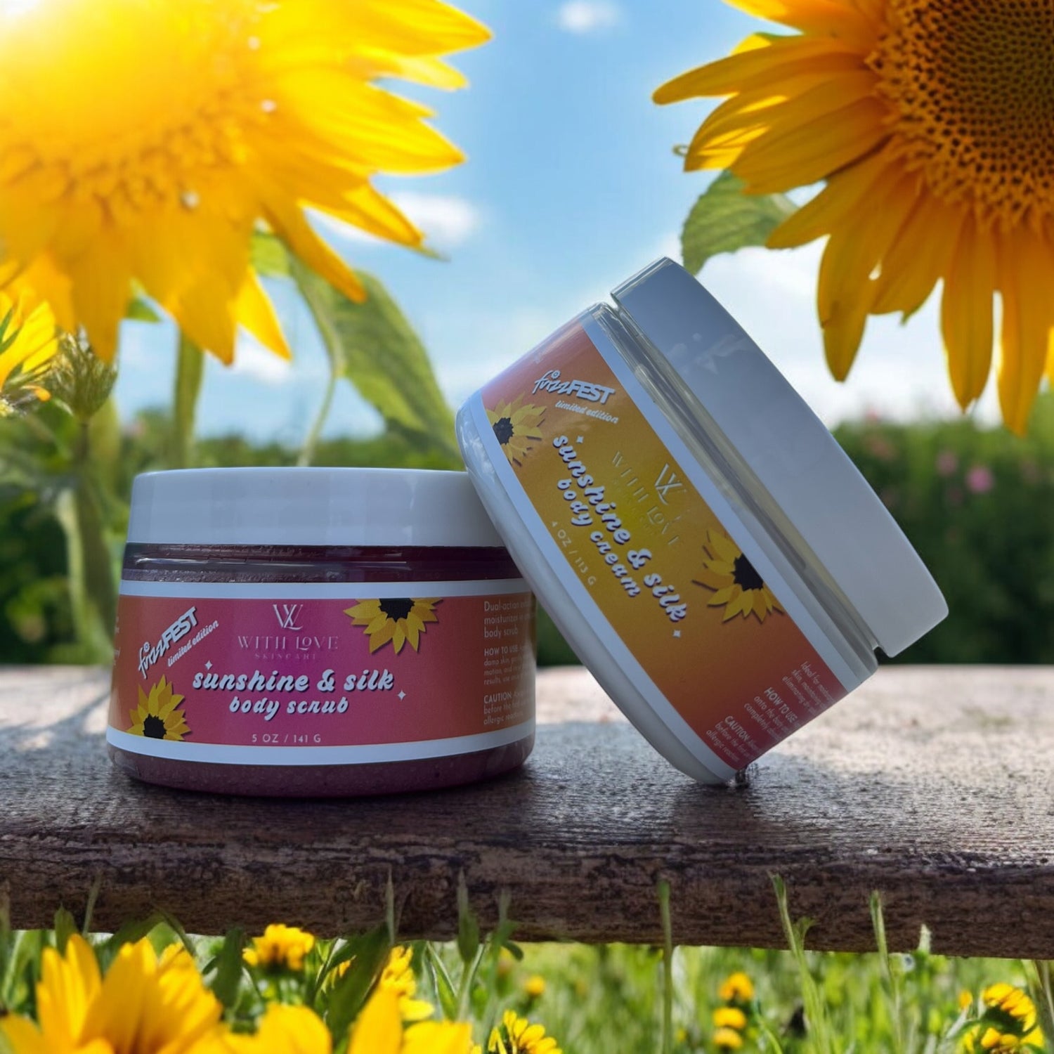 Sunshine & Silk Frizz Fest Limited Edition gift box with lavish body cream and exfoliating body scrub, perfect for essential skincare routines.