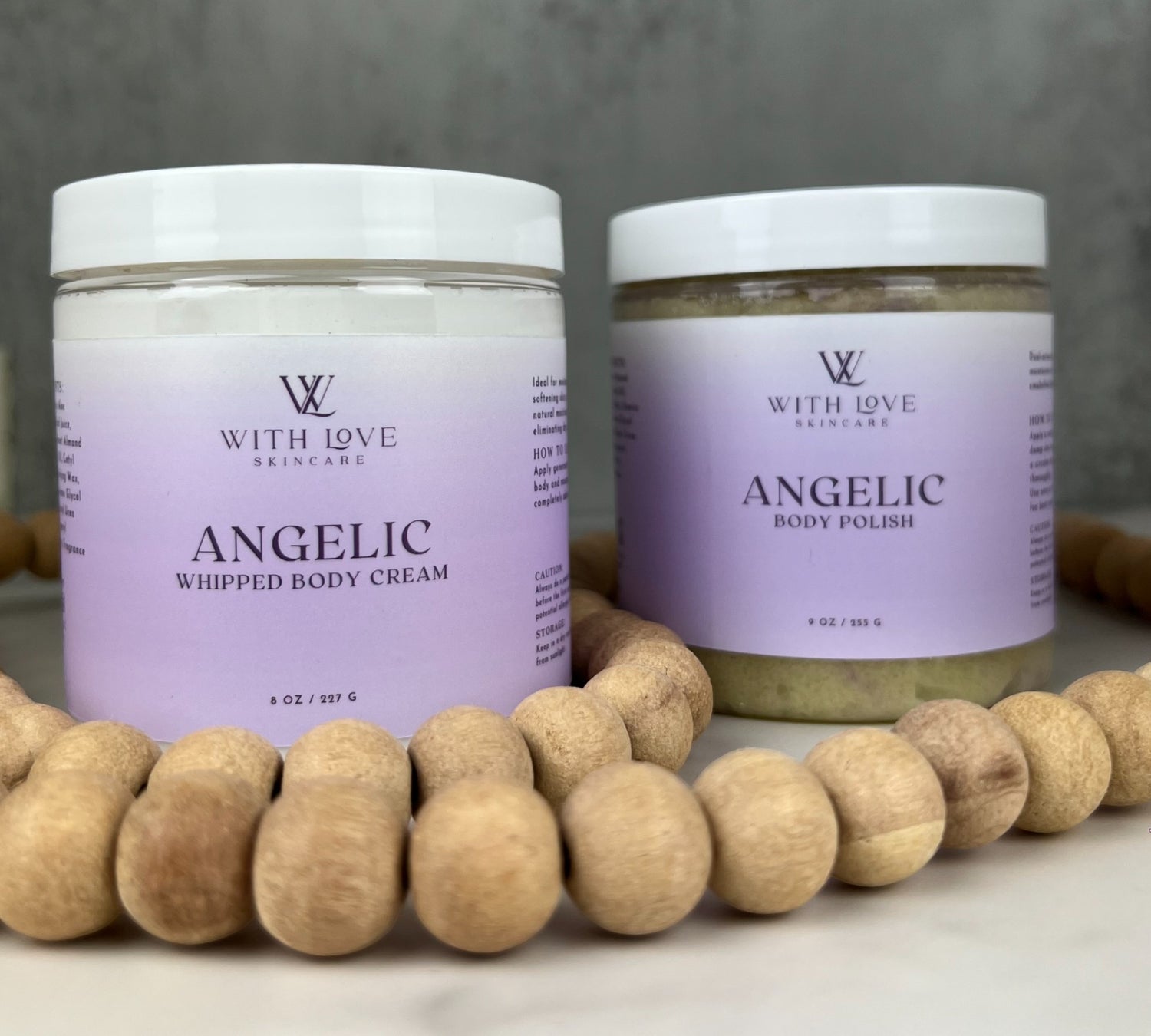 With Love Angelic Set with body cream and body polish, part of your essential skin care routine, scented with vanilla, sandalwood, and amber.