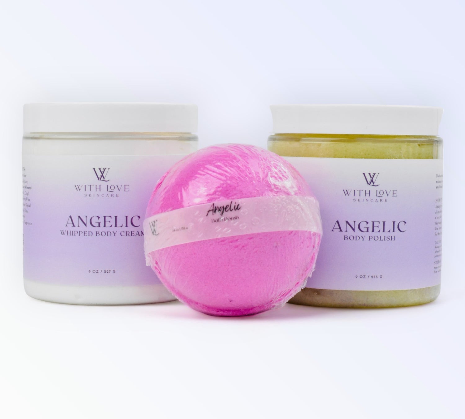 With Love Angelic Spa Set with bath bomb, body scrub, and body cream, part of your essential skin care routine, scented with vanilla, sandalwood, and amber for relaxation.