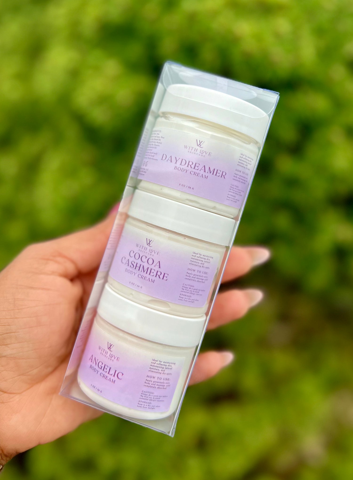 With Love Body Cream Trio Set with jars open, showing Cocoa Cashmere, Angelic, and Daydreamer creams, part of your essential skin care routine for deep hydration."