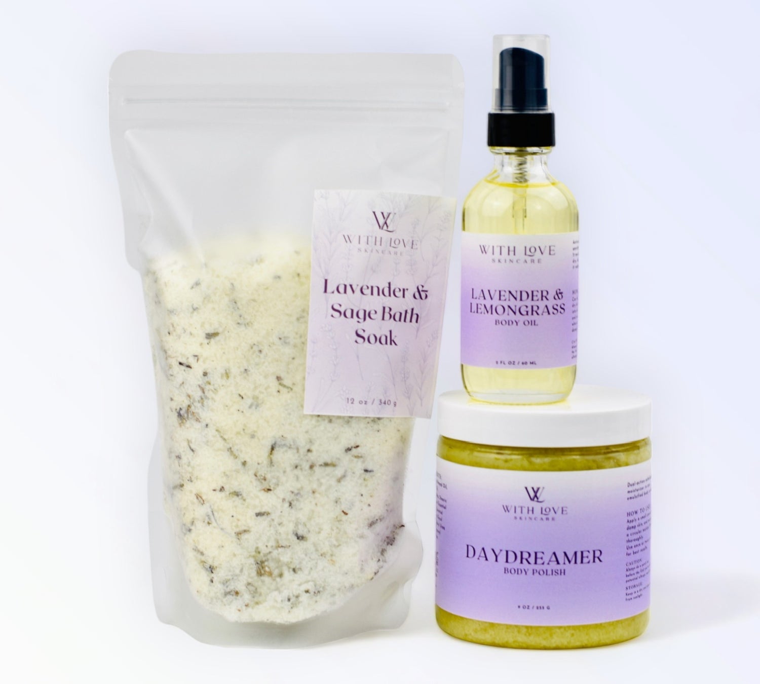 With Love I Love Lavender Set, part of your essential skin care routine, includes bath soak, body oil, and body polish for relaxation and rejuvenation.