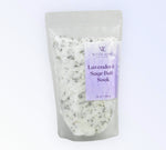 With Love Lavender & Sage Bath Soak, part of your essential skin care routine, soothing and hydrating with lavender and dead sea salts for a relaxing bath experience.