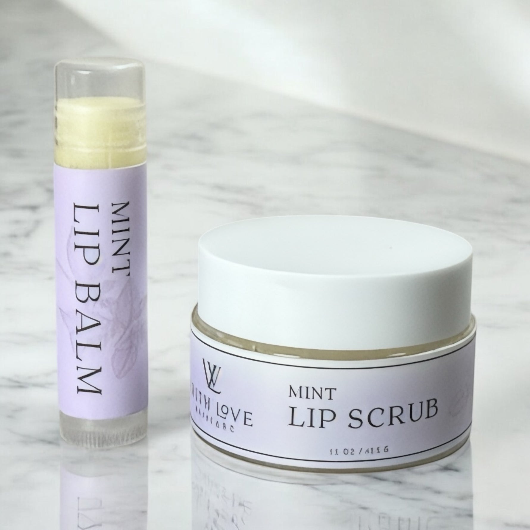 With Love Essential Skin Care Lip Care with exfoliating lip scrub and hydrating lip balm in mint for smooth, soft lips.