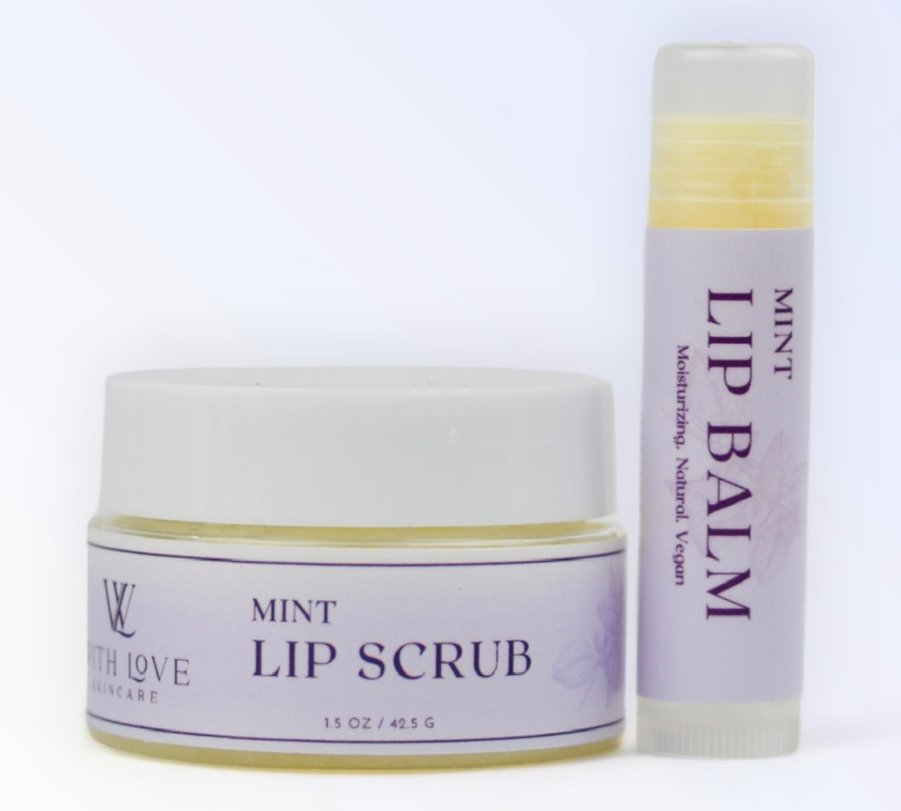 With Love Essential Skin Care Lip Care with exfoliating lip scrub and hydrating lip balm in mint for smooth, soft lips.