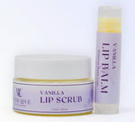 With Love Essential Skin Care Lip Care with exfoliating lip scrub and hydrating lip balm in vanilla for smooth, soft lips.