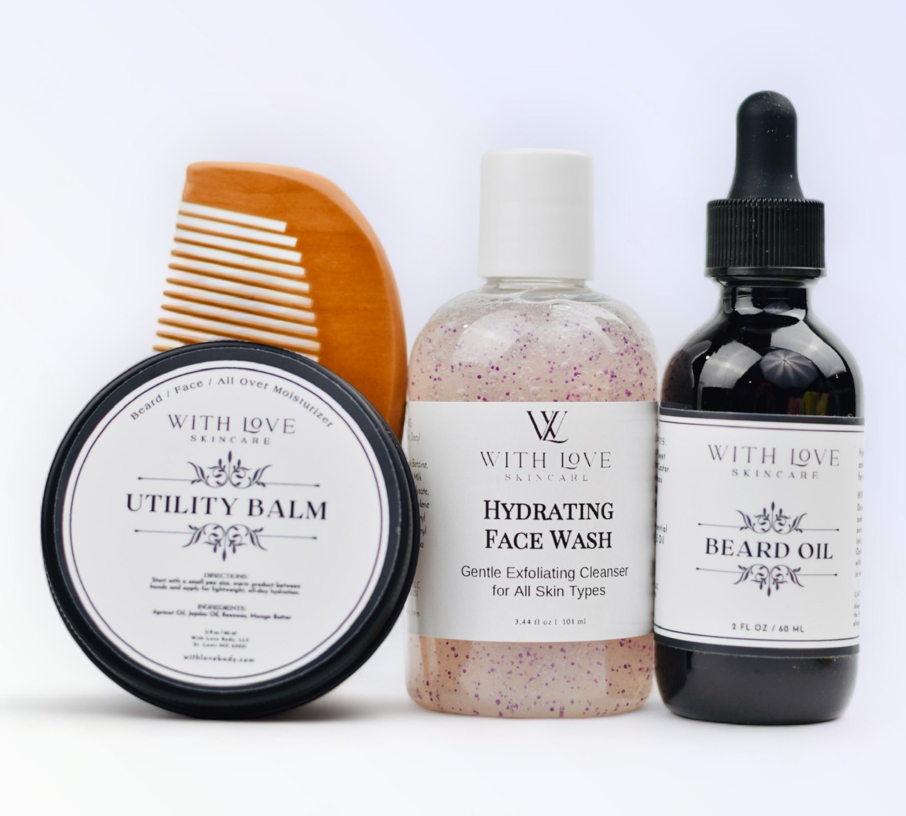 Men's Ultimate Grooming Set with hydrating face wash, beard oil, utility balm, and anti-static beard comb for essential skin care.